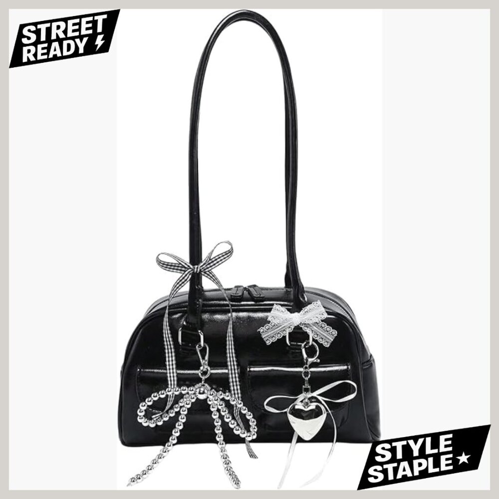 Y2K Bow Shoulder Bag Faux Leather Casual Purse Kawaii Japanese Style